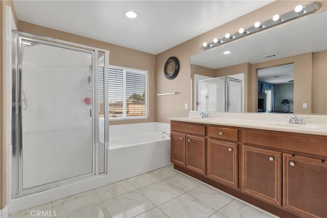 13695 Mesa Linda Ave, Victorville, CA 92392 - full bathroom featuring a shower stall, double vanity, a garden tub, marble finish flooring, and recessed lighting