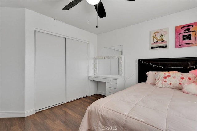 13695 Mesa Linda Ave, Victorville, CA 92392 - bedroom with wood finished floors, a closet, and a ceiling fan