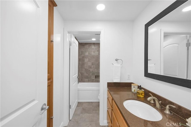 5042 Olympic Dr, Los Alamitos, CA 90720 - bathroom featuring vanity, recessed lighting, tile patterned flooring, and shower / tub combination