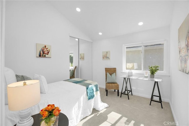 5042 Olympic Dr, Los Alamitos, CA 90720 - carpeted bedroom with a closet, vaulted ceiling, and recessed lighting