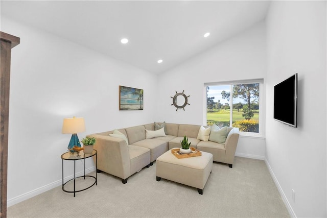 5042 Olympic Dr, Los Alamitos, CA 90720 - living room featuring light carpet, recessed lighting, and high vaulted ceiling