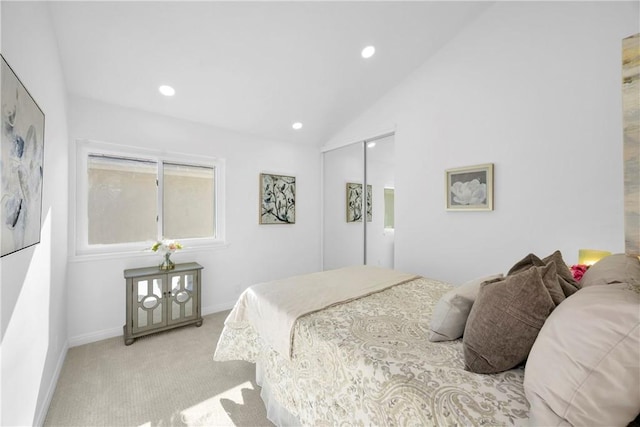 5042 Olympic Dr, Los Alamitos, CA 90720 - bedroom with recessed lighting, light carpet, and vaulted ceiling