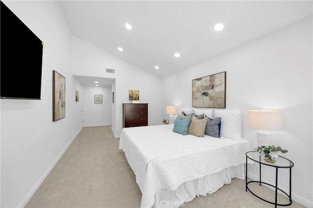 5042 Olympic Dr, Los Alamitos, CA 90720 - bedroom with recessed lighting, light carpet, and lofted ceiling