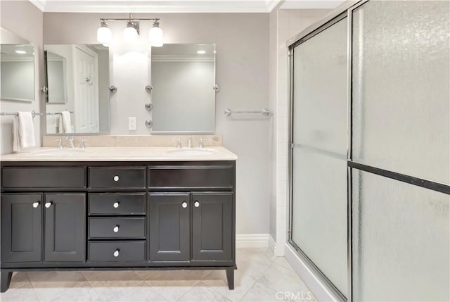 741 Avenida Majorca Unit B, Laguna Woods, CA 92637 - bathroom with crown molding, a stall shower, and double vanity