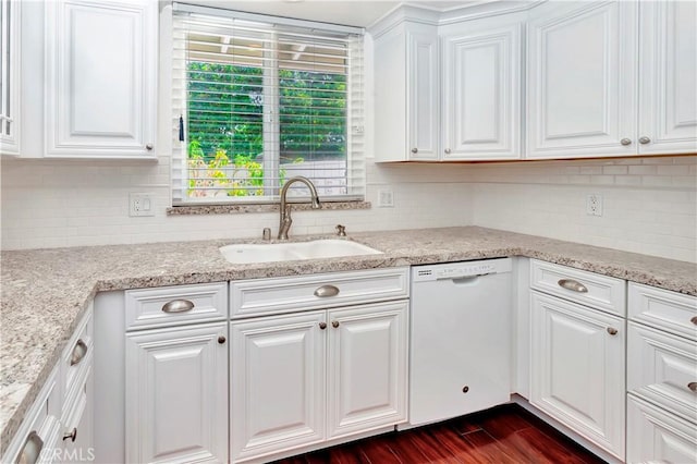 741 Avenida Majorca Unit B, Laguna Woods, CA 92637 - kitchen featuring dishwasher, backsplash, white cabinetry, and dark wood-type flooring