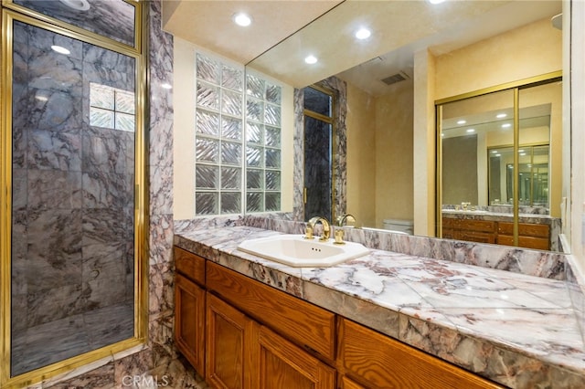 18409 Los Alimos St, Porter Ranch, CA 91326 - full bath featuring a stall shower, vanity, and recessed lighting
