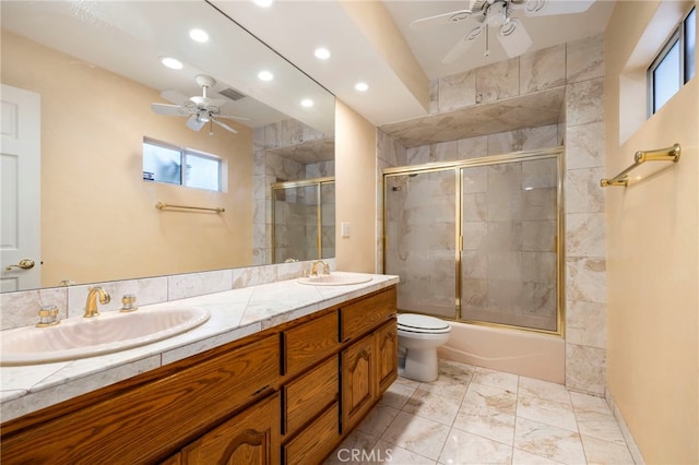 18409 Los Alimos St, Porter Ranch, CA 91326 - full bathroom featuring a ceiling fan, recessed lighting, double vanity, and shower / bath combination with glass door