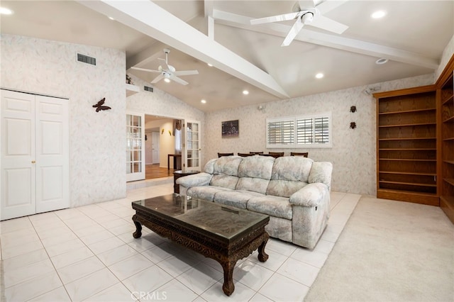 18409 Los Alimos St, Porter Ranch, CA 91326 - living room featuring ceiling fan, light tile patterned floors, wallpapered walls, and recessed lighting