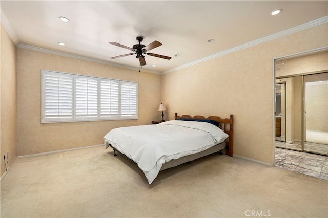 18409 Los Alimos St, Porter Ranch, CA 91326 - carpeted bedroom with crown molding, recessed lighting, and ceiling fan
