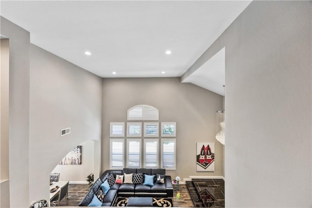 7020 Julie Ln, San Gabriel, CA 91775 - living area with wood finished floors, high vaulted ceiling, and recessed lighting