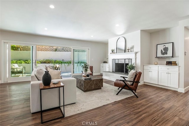 341 Cumberland Rd, Glendale, CA 91202 - living area featuring dark wood-type flooring, a tile fireplace, and recessed lighting