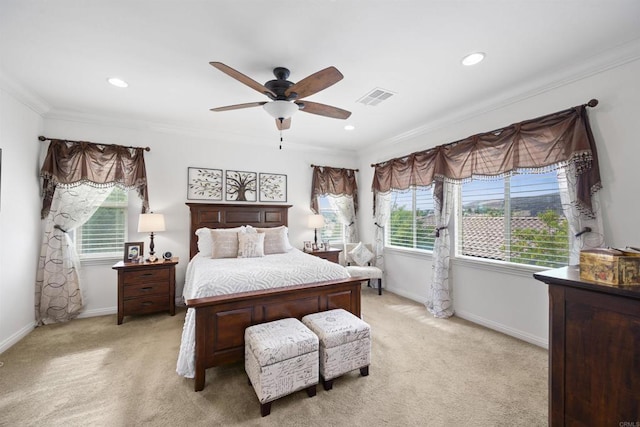 3024 Natureview Ct, Chula Vista, CA 91914 - bedroom featuring multiple windows, light carpet, ornamental molding, a ceiling fan, and recessed lighting