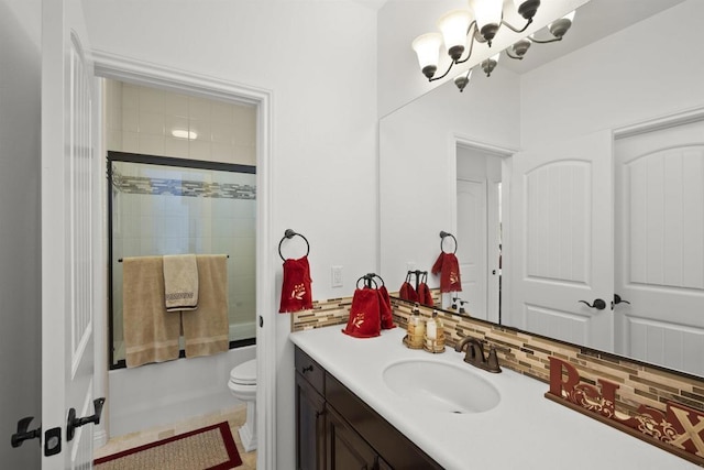 3024 Natureview Ct, Chula Vista, CA 91914 - full bath with vanity, decorative backsplash, shower / bath combination with glass door, and a chandelier