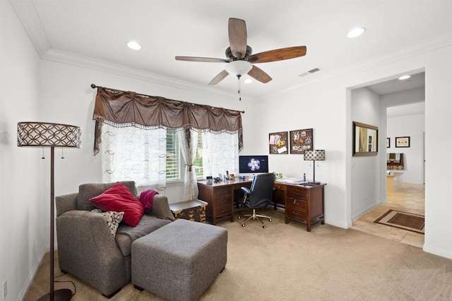 3024 Natureview Ct, Chula Vista, CA 91914 - home office featuring ceiling fan, light carpet, recessed lighting, and crown molding