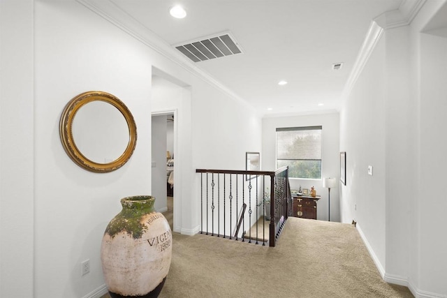 3024 Natureview Ct, Chula Vista, CA 91914 - hallway with an upstairs landing, crown molding, carpet floors, and recessed lighting