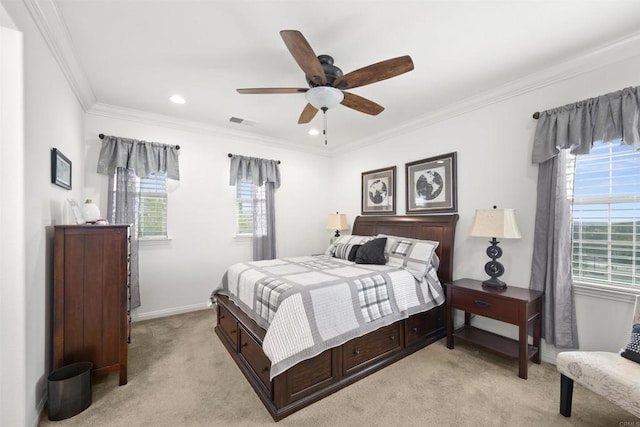 3024 Natureview Ct, Chula Vista, CA 91914 - bedroom featuring multiple windows, light carpet, crown molding, ceiling fan, and recessed lighting