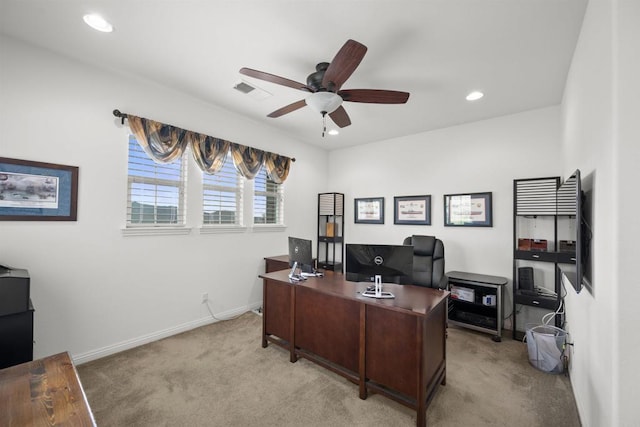 3024 Natureview Ct, Chula Vista, CA 91914 - office area with light colored carpet, a ceiling fan, and recessed lighting