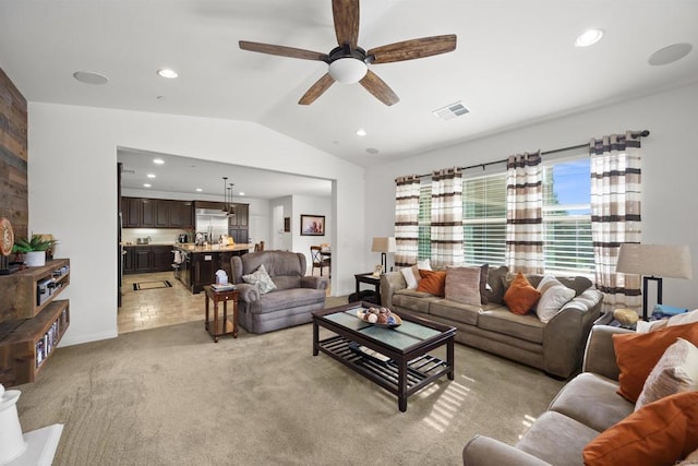 3024 Natureview Ct, Chula Vista, CA 91914 - living room with vaulted ceiling, a ceiling fan, recessed lighting, and light colored carpet