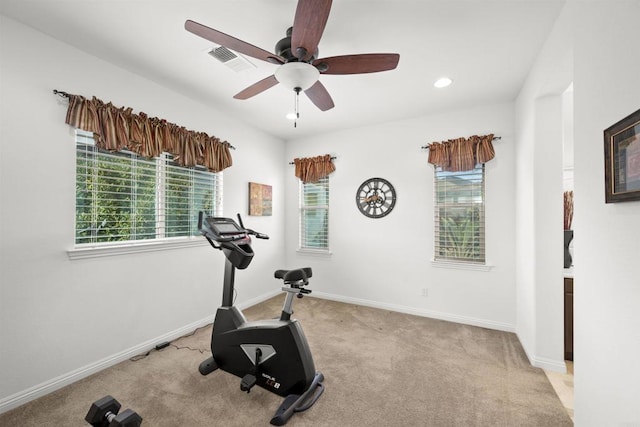 3024 Natureview Ct, Chula Vista, CA 91914 - workout area with light colored carpet, ceiling fan, and recessed lighting