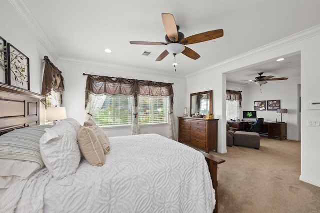 3024 Natureview Ct, Chula Vista, CA 91914 - carpeted bedroom featuring an office area, ornamental molding, recessed lighting, and ceiling fan