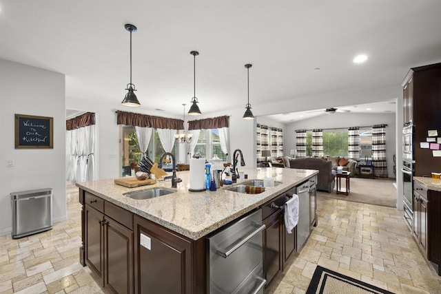 3024 Natureview Ct, Chula Vista, CA 91914 - kitchen featuring stainless steel appliances, dark brown cabinets, a kitchen island with sink, a ceiling fan, and recessed lighting