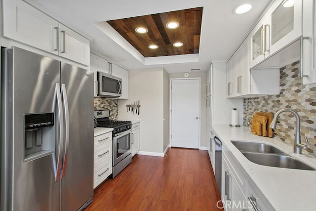 32332 Calle Linda, Dana Point, CA 92629 - kitchen with stainless steel appliances, a raised ceiling, white cabinetry, dark wood-type flooring, and light countertops