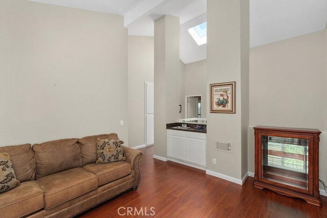 32332 Calle Linda, Dana Point, CA 92629 - living room with a skylight, dark wood-type flooring, and high vaulted ceiling