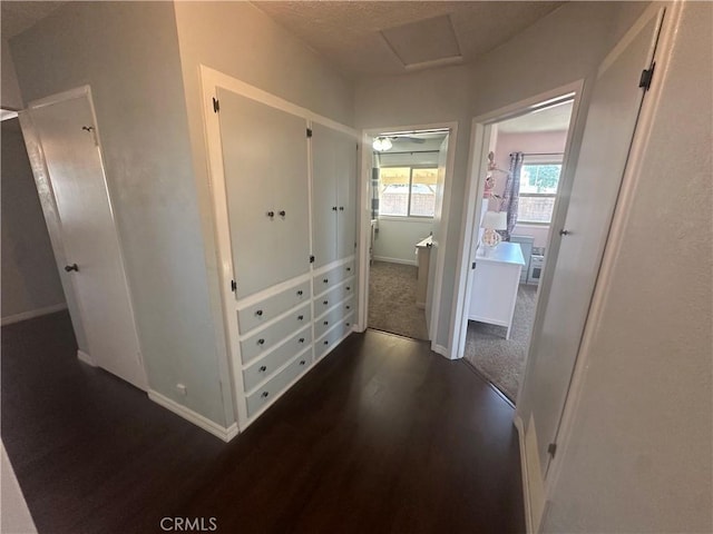 1024 W Pine St, West Covina, CA 91790 - corridor with dark wood-style floors and attic access