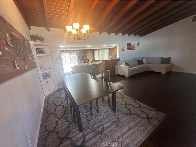 1024 W Pine St, West Covina, CA 91790 - dining space with a chandelier, a wooden ceiling with exposed beams, and wood finished floors