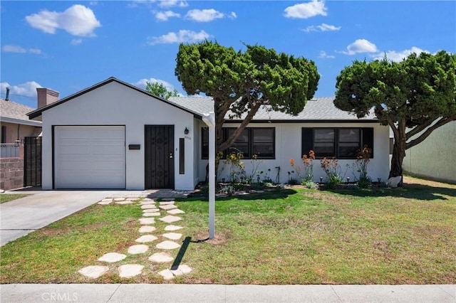 6032 Coke Ave, Long Beach, CA 90805 - ranch-style house with an attached garage, driveway, a front lawn, and stucco siding
