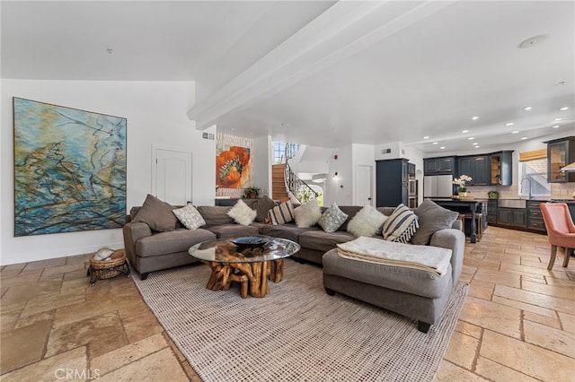 31675 Via Pato, Coto De Caza, CA 92679 - living room featuring stone tile floors, recessed lighting, and stairs