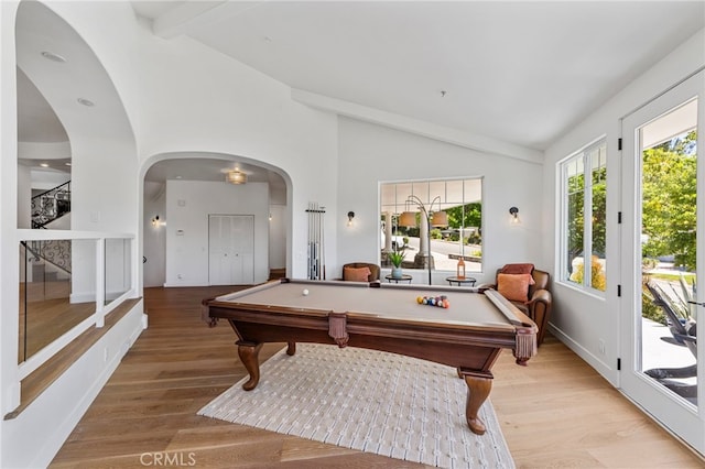 31675 Via Pato, Coto De Caza, CA 92679 - rec room with arched walkways, pool table, light wood-type flooring, beamed ceiling, and high vaulted ceiling