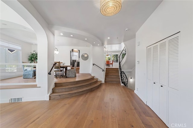 31675 Via Pato, Coto De Caza, CA 92679 - entrance foyer with recessed lighting, wood finished floors, arched walkways, and stairway