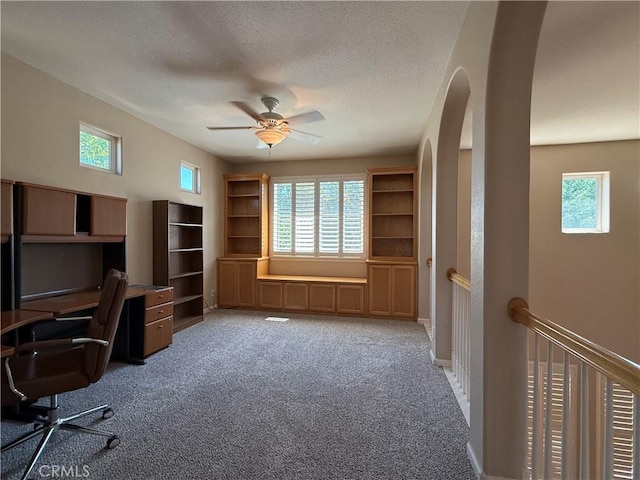 4125 Sattui Ct, Merced, CA 95348 - unfurnished office featuring healthy amount of natural light, carpet flooring, arched walkways, and a textured ceiling