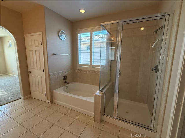 4125 Sattui Ct, Merced, CA 95348 - bathroom with tile patterned floors, a garden tub, a stall shower, and recessed lighting