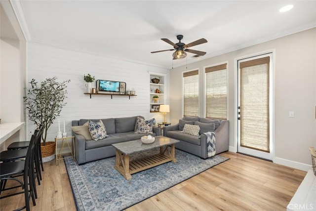 42 Livingston Pl, Ladera Ranch, CA 92694 - living room with a ceiling fan, light wood-style floors, crown molding, and recessed lighting