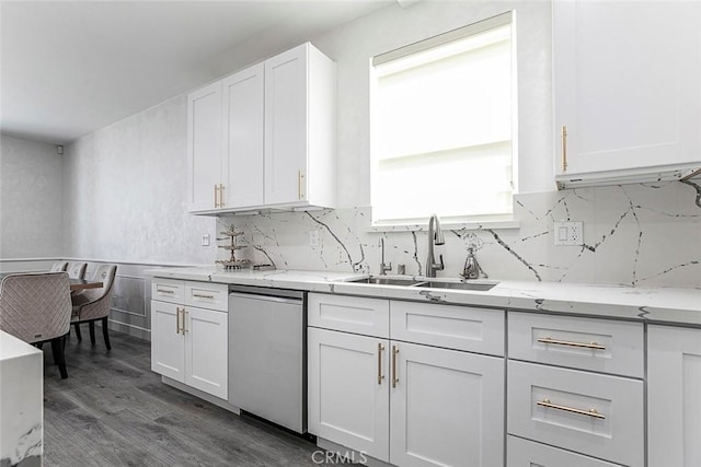 9124 N Nilo Ln, Panorama City, CA 91402 - kitchen featuring dishwasher, white cabinets, light stone countertops, and decorative backsplash