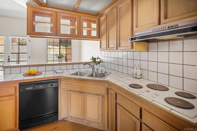 3531 Columbia St, San Diego, CA 92103 - kitchen with black dishwasher, tile countertops, white electric cooktop, and under cabinet range hood