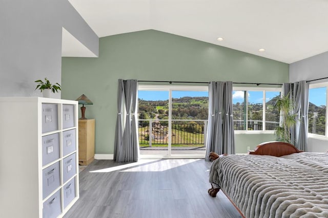 4710 Sleeping Indian Rd, Fallbrook, CA 92028 - bedroom featuring access to exterior, high vaulted ceiling, wood finished floors, and recessed lighting
