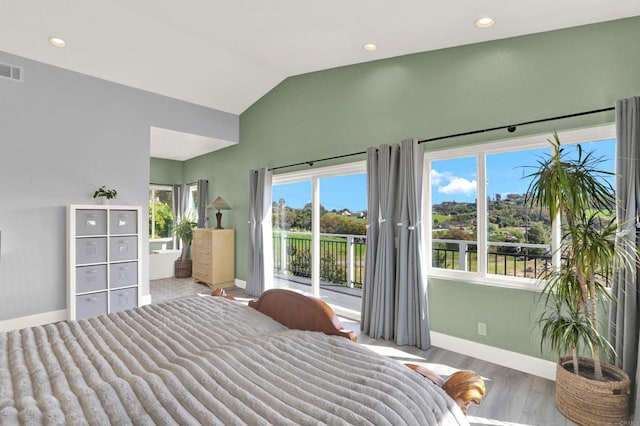 4710 Sleeping Indian Rd, Fallbrook, CA 92028 - bedroom with access to exterior, lofted ceiling, wood finished floors, recessed lighting, and connected bathroom