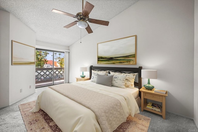 13292 Salmon River Rd Unit 204, San Diego, CA 92129 - carpeted bedroom with a textured ceiling, a ceiling fan, access to exterior, and lofted ceiling
