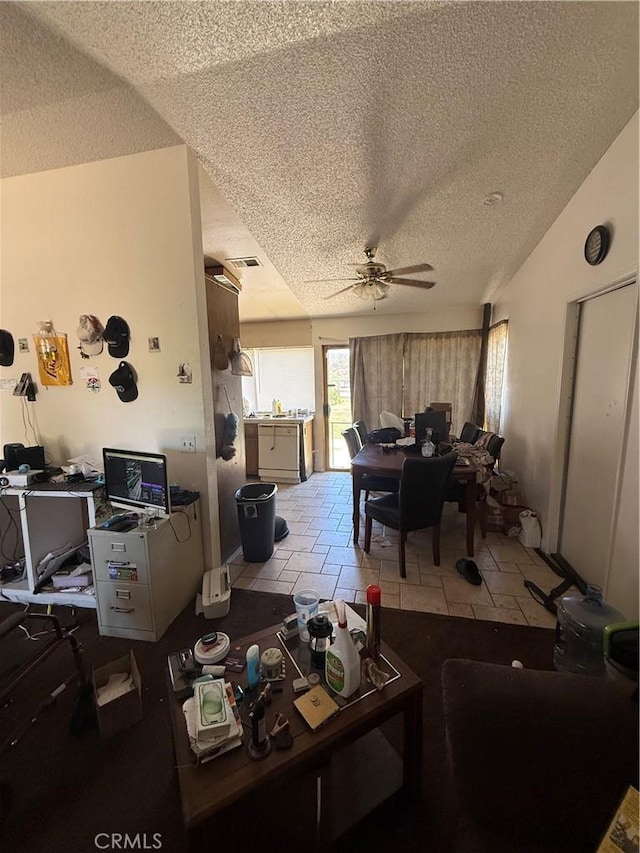 12490 Wolverine Cir, Moreno Valley, CA 92555 - living room with a textured ceiling, ceiling fan, an office area, and tile patterned floors