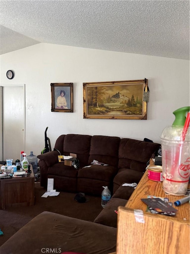 12490 Wolverine Cir, Moreno Valley, CA 92555 - carpeted living room featuring vaulted ceiling and a textured ceiling