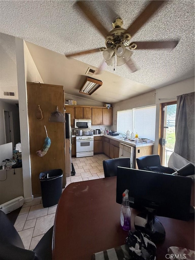 12490 Wolverine Cir, Moreno Valley, CA 92555 - living room featuring a textured ceiling, a ceiling fan, light tile patterned flooring, and vaulted ceiling