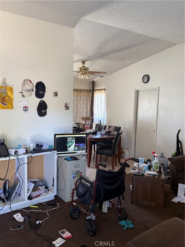 12490 Wolverine Cir, Moreno Valley, CA 92555 - dining space featuring a desk, ceiling fan, a textured ceiling, and carpet
