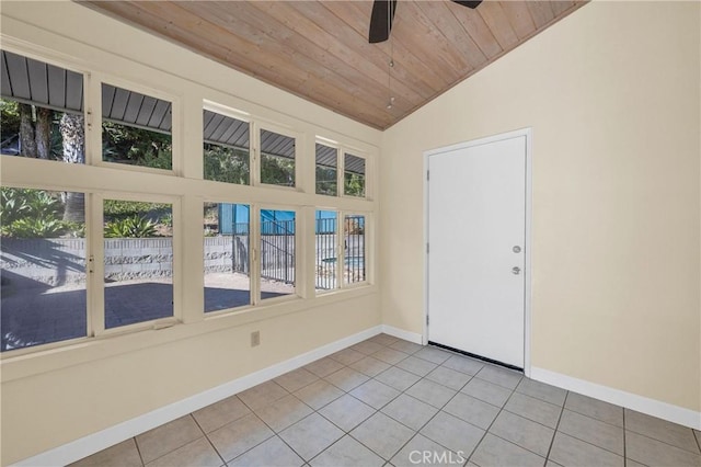 3777 N Arrowhead Ave, San Bernardino, CA 92405 - empty room with a ceiling fan, wooden ceiling, light tile patterned flooring, vaulted ceiling, and healthy amount of natural light