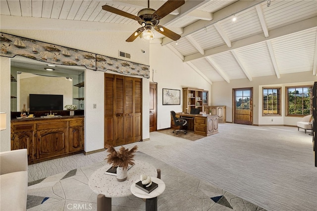 23511 Mirage Ln, Diamond Bar, CA 91765 - carpeted bedroom featuring an office area, high vaulted ceiling, a wood ceiling with exposed beams, a ceiling fan, and tile patterned flooring