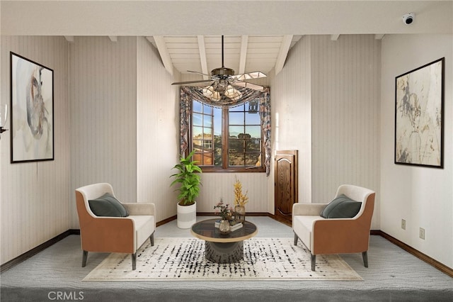 23511 Mirage Ln, Diamond Bar, CA 91765 - sitting room featuring carpet flooring, wallpapered walls, a ceiling fan, and beam ceiling