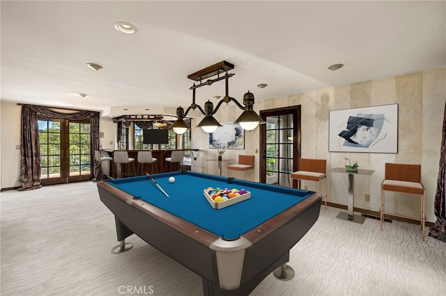 23511 Mirage Ln, Diamond Bar, CA 91765 - recreation room featuring french doors, carpet flooring, a dry bar, and billiards