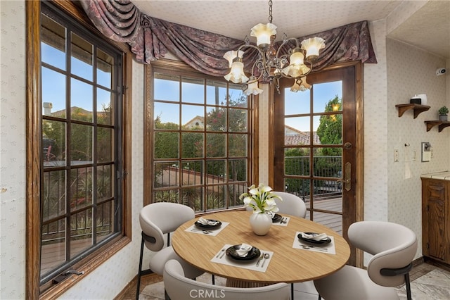 23511 Mirage Ln, Diamond Bar, CA 91765 - dining room with a chandelier, wallpapered walls, and healthy amount of natural light